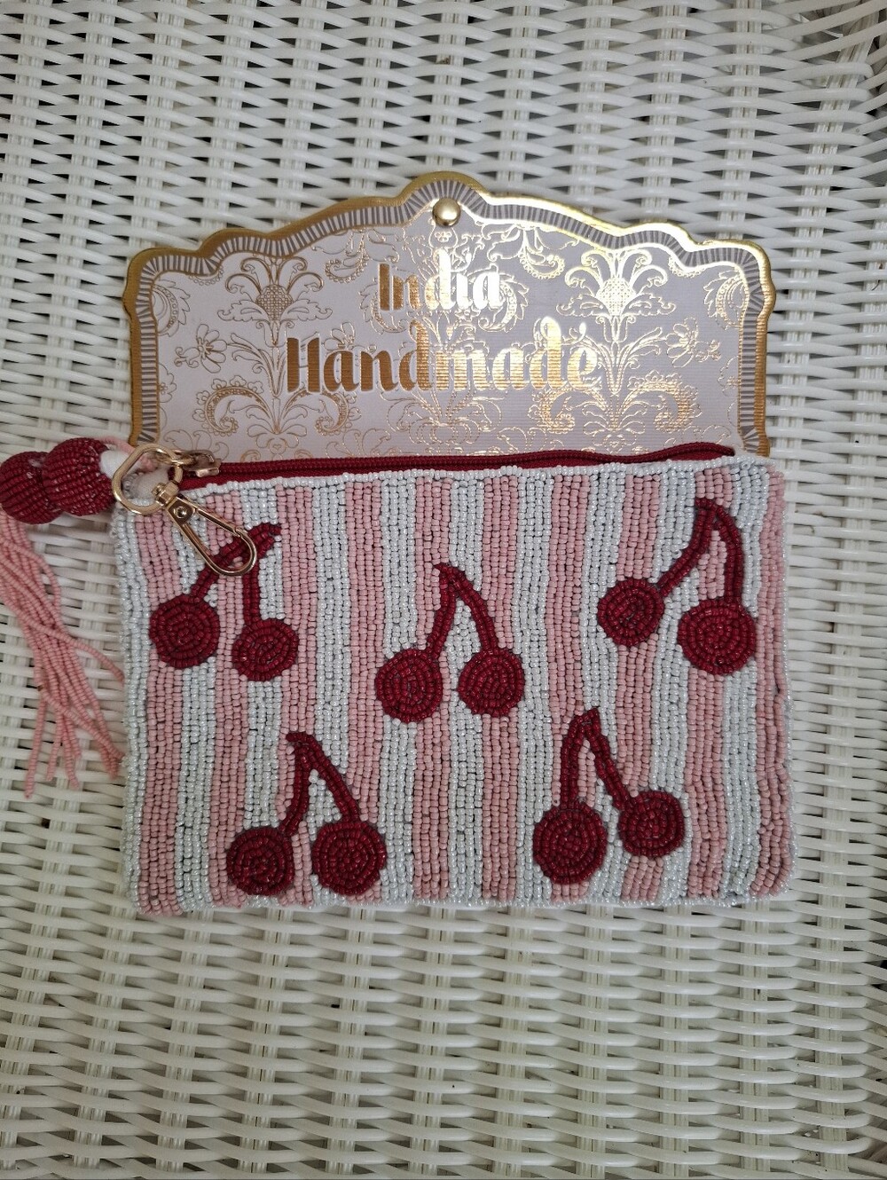 Viral Cherry Beaded Cosmetic Pouch in Pink and White NWT